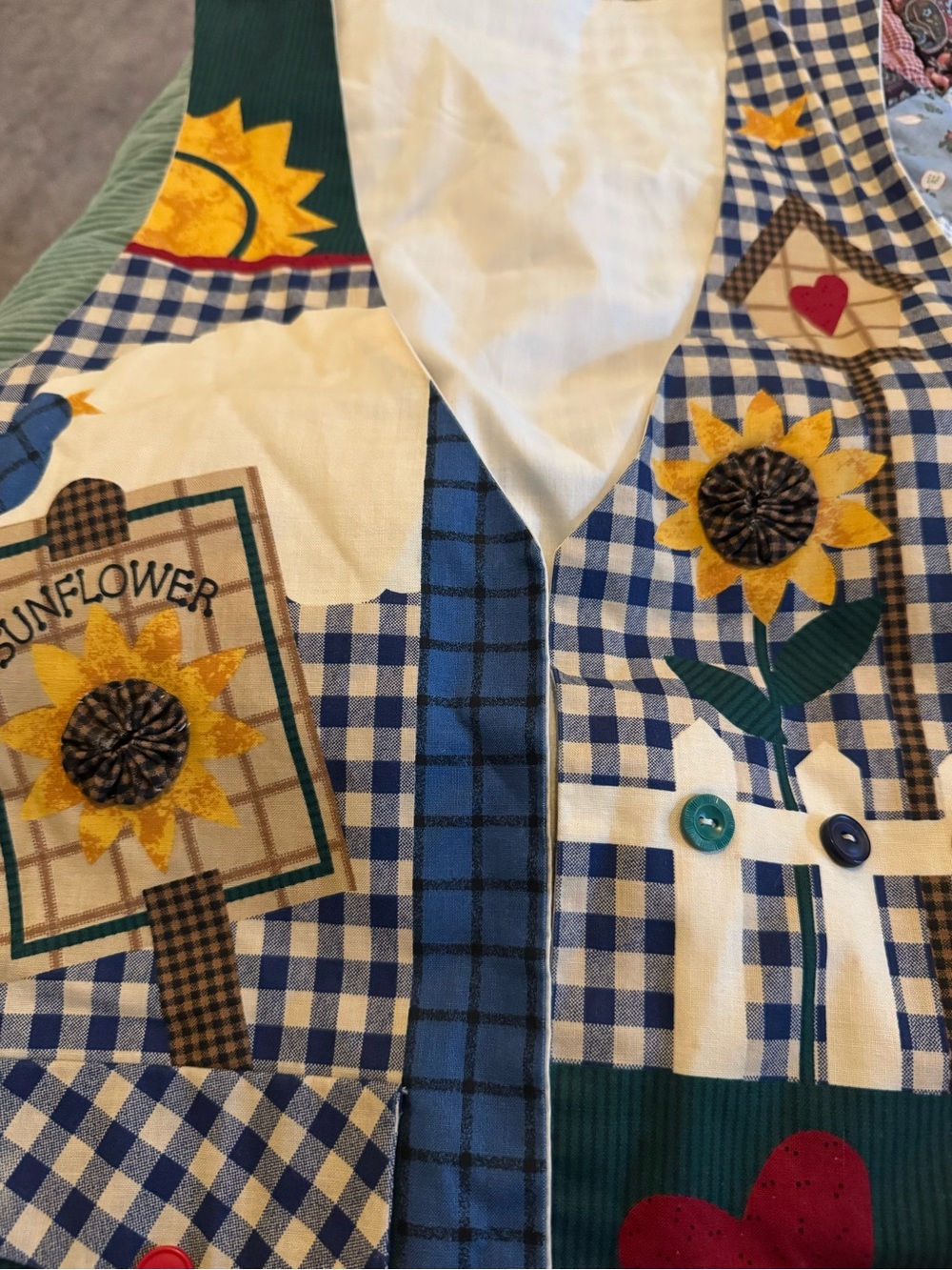Vintage Sunflower Patchwork Gingham Vest - Blue & Yellow
